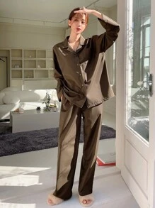 DAZY 素色前口袋落肩袖睡衣套裝 - 咖啡棕 - 查看 5