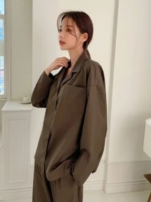 DAZY 素色前口袋落肩袖睡衣套裝 - 咖啡棕 - 查看 3