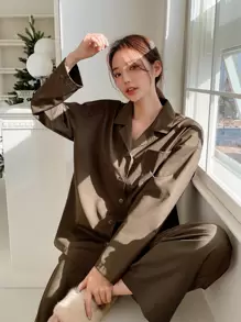 DAZY 素色前口袋落肩袖睡衣套裝 - 咖啡棕 - 查看 1