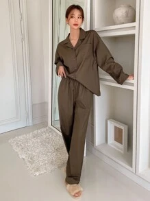 DAZY 素色前口袋落肩袖睡衣套裝 - 咖啡棕 - 查看 4