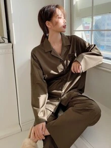 DAZY 素色前口袋落肩袖睡衣套裝 - 咖啡棕 - 查看 8