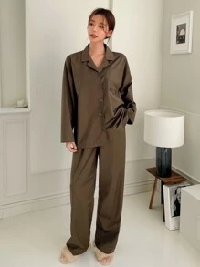 DAZY 素色前口袋落肩袖睡衣套裝 - 咖啡棕 - 查看 9