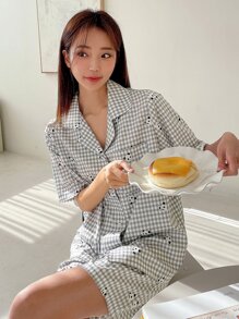 DAZY Panda & Gingham Print Pocket Patched Pyjama Set - Light Grey - View 1