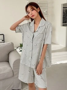 DAZY Panda & Gingham Print Pocket Patched Pyjama Set - Light Grey - View 2