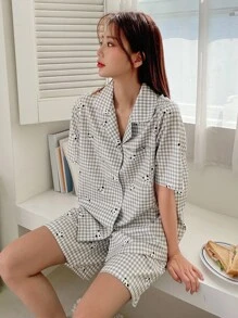 DAZY Panda & Gingham Print Pocket Patched Pyjama Set - Light Grey - View 3