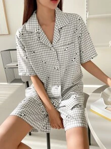 DAZY Panda & Gingham Print Pocket Patched Pyjama Set - Light Grey - View 5