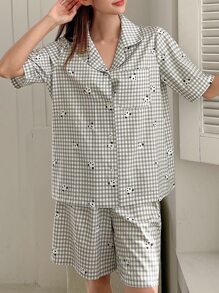 DAZY Panda & Gingham Print Pocket Patched Pyjama Set - Light Grey - View 6