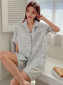 DAZY Panda & Gingham Print Pocket Patched Pyjama Set - Light Grey - View 7