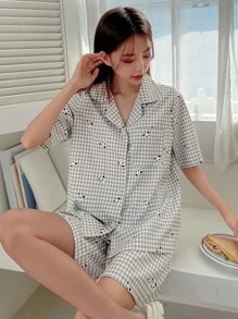 DAZY Panda & Gingham Print Pocket Patched Pyjama Set - Light Grey - View 8