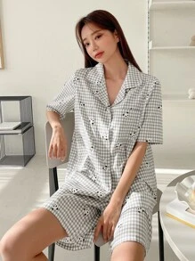 DAZY Panda & Gingham Print Pocket Patched Pyjama Set - Light Grey - View 9