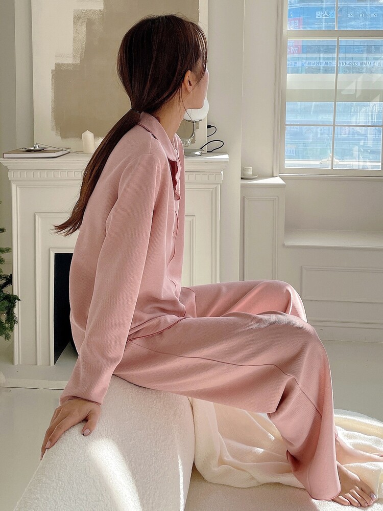 DAZY Bộ đồ ngủ Nữ Nút phía trước màu trơn Giải trí - Màu Hồng  San hô - Xem 2