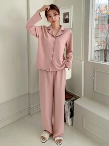 DAZY 素色前紐扣西裝領家居服套裝 - 珊瑚粉 - 查看 6