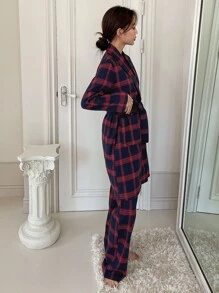 DAZY 2 paquetes Bata y pantalones a cuadros con cinturón, sin forro - Rojo - Ver 2