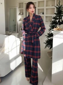 DAZY 2 paquetes Bata y pantalones a cuadros con cinturón, sin forro - Rojo - Ver 3