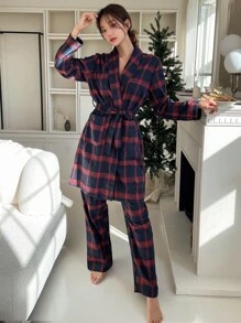 DAZY 2 paquetes Bata y pantalones a cuadros con cinturón, sin forro - Rojo - Ver 6