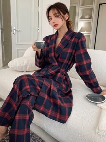 DAZY 2 paquetes Bata y pantalones a cuadros con cinturón, sin forro - Rojo - Ver 8