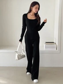 DAZY Áo len cổ tròn xẻ gấu và quần dệt kim thu đông - màu đen - Xem 3