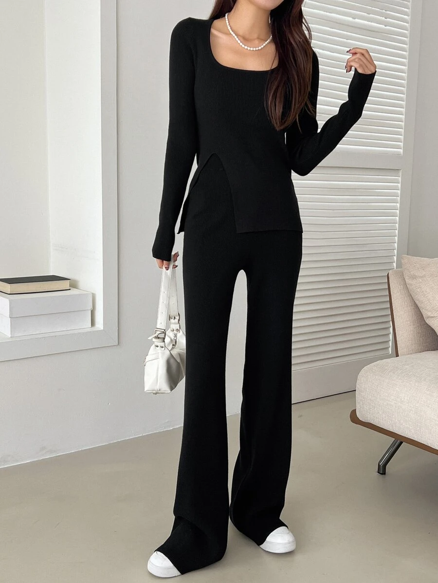 DAZY Áo len cổ tròn xẻ gấu và quần dệt kim thu đông - màu đen - Xem 1