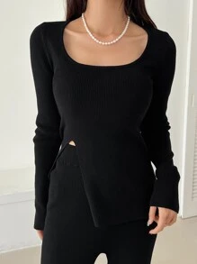 DAZY Áo len cổ tròn xẻ gấu và quần dệt kim thu đông - màu đen - Xem 5