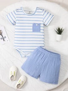 SHEIN Baby Boy Striped Patched Pocket Bodysuit & Shorts - Blue and White - View 1