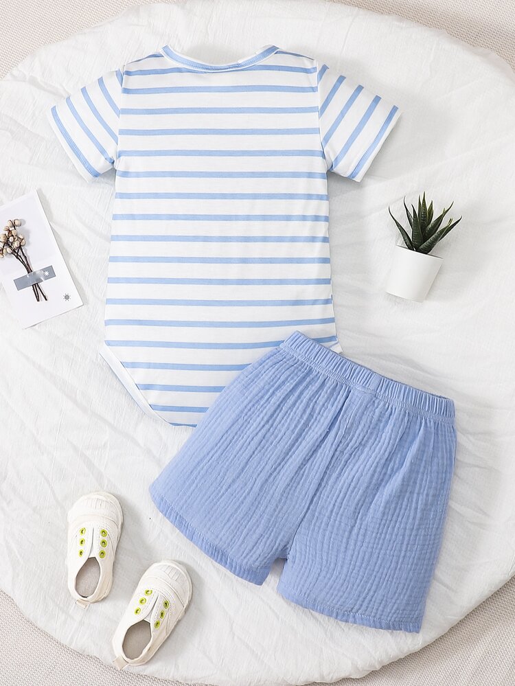 SHEIN Baby Boy Striped Patched Pocket Bodysuit & Shorts - Blue and White - View 2