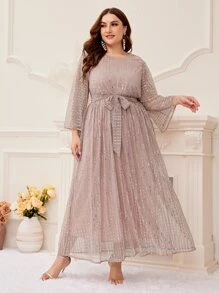 Modelyn Đầm Plus Size Thắt lưng ghép mộng kim sa màu trơn Buổi tiệc - Màu Hồng baby - Xem 1