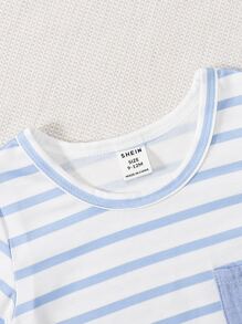 SHEIN Baby Boy Striped Patched Pocket Bodysuit & Shorts - Blue and White - View 3
