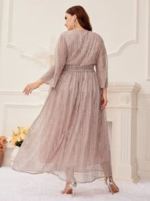 Modelyn Đầm Plus Size Thắt lưng ghép mộng kim sa màu trơn Buổi tiệc - Màu Hồng baby - Xem 2