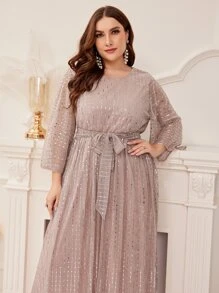 Modelyn Đầm Plus Size Thắt lưng ghép mộng kim sa màu trơn Buổi tiệc - Màu Hồng baby - Xem 3