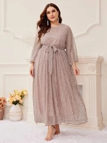 Modelyn Đầm Plus Size Thắt lưng ghép mộng kim sa màu trơn Buổi tiệc - Màu Hồng baby - Xem 4