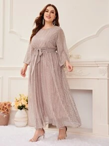 Modelyn Đầm Plus Size Thắt lưng ghép mộng kim sa màu trơn Buổi tiệc - Màu Hồng baby - Xem 5