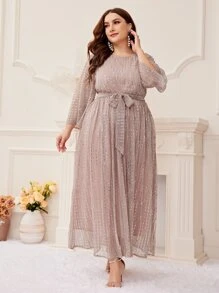 Modelyn Đầm Plus Size Thắt lưng ghép mộng kim sa màu trơn Buổi tiệc - Màu Hồng baby - Xem 6