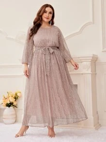 Modelyn Đầm Plus Size Thắt lưng ghép mộng kim sa màu trơn Buổi tiệc - Màu Hồng baby - Xem 7