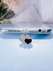 1 PC Cắm điện thoại thiết kế hình trái tim bằng đá rhinestone - Đen và trắng - Xem 1