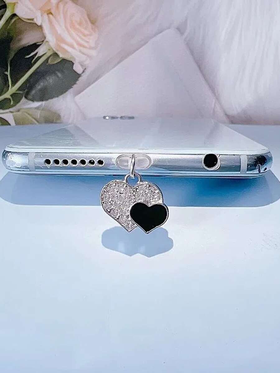1 PC Cắm điện thoại thiết kế hình trái tim bằng đá rhinestone - Đen và trắng - Xem 1