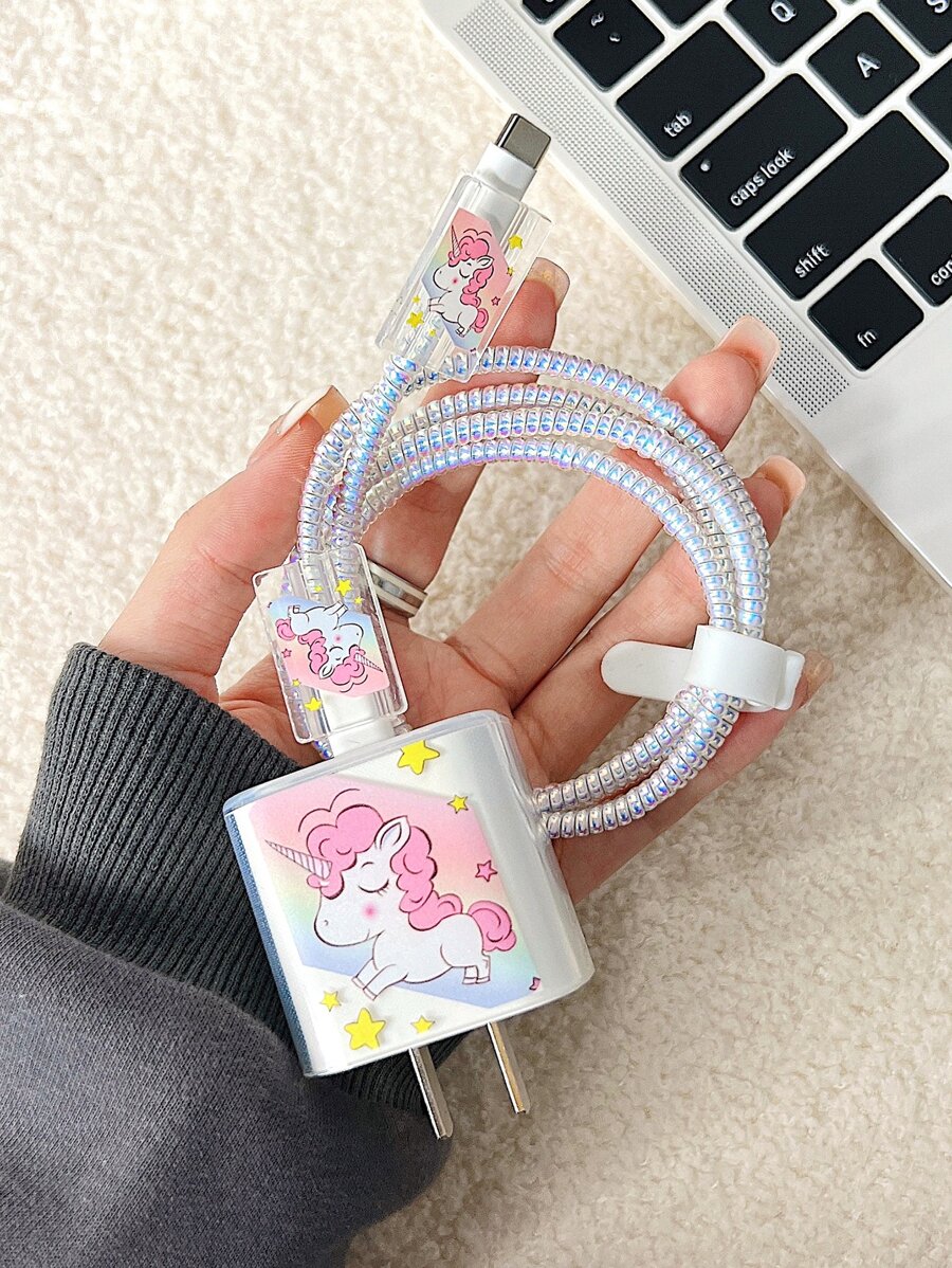 5入組獨角獸樣式數據線和充電頭保護裝置套裝 - 粉色 - 查看 1