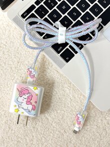 5入組獨角獸樣式數據線和充電頭保護裝置套裝 - 粉色 - 查看 5