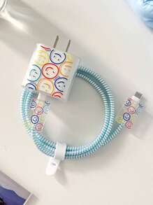 5入組卡通臉圖案數據線保護頭和充電頭套套裝 - 淺藍色 - 查看 1