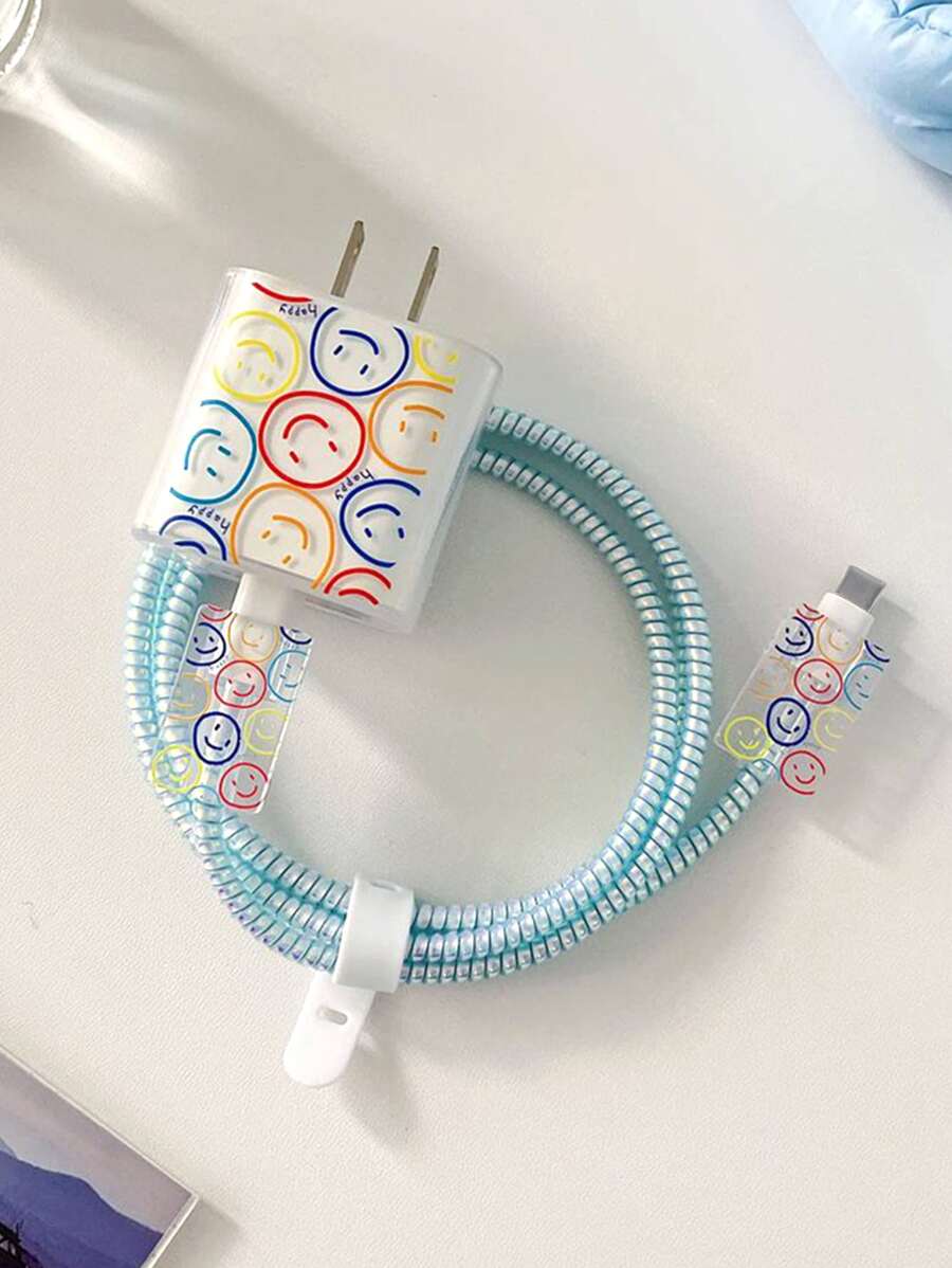 5入組卡通臉圖案數據線保護頭和充電頭套套裝 - 淺藍色 - 查看 1