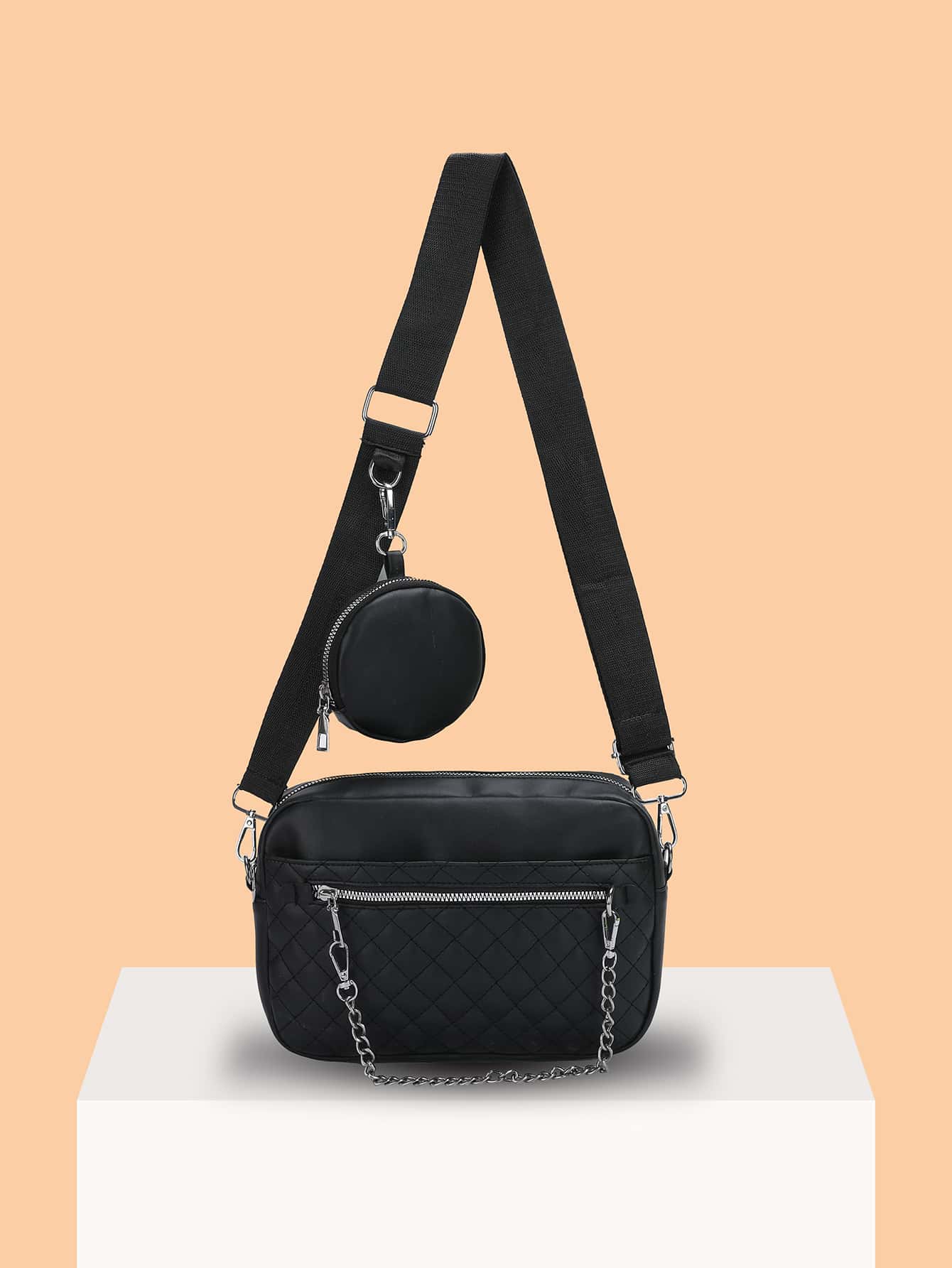 Bolsa cuadrada guateado con diseño de cadena con monedero - Gris - Ver 1