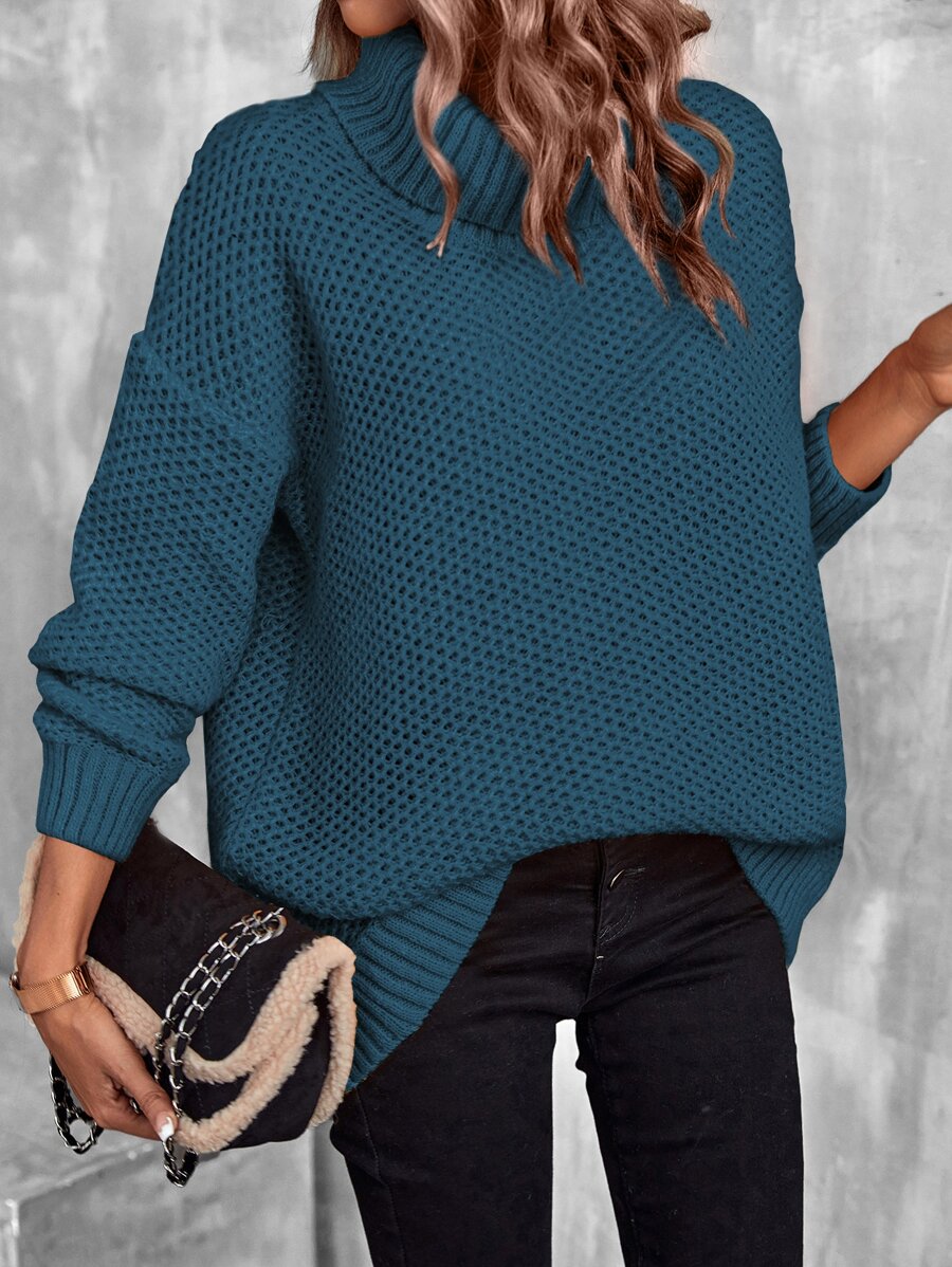 EMERY ROSE Turtleneck Drop Shoulder Pointelle Knit Jumper - Teal Blue - View 1