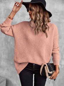 SHEIN LUNE Turtleneck Drop Shoulder Pointelle Knit Jumper - Pink - View 3