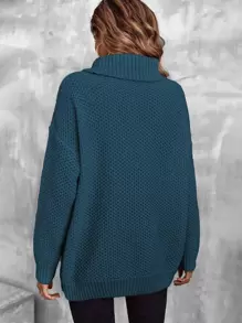 EMERY ROSE Turtleneck Drop Shoulder Pointelle Knit Jumper - Teal Blue - View 2