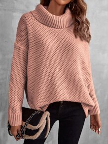 SHEIN LUNE Turtleneck Drop Shoulder Pointelle Knit Jumper - Pink - View 5
