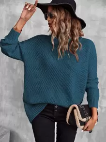 EMERY ROSE Turtleneck Drop Shoulder Pointelle Knit Jumper - Teal Blue - View 3