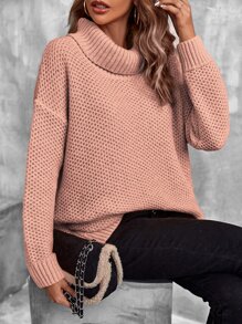 SHEIN LUNE Turtleneck Drop Shoulder Pointelle Knit Jumper - Pink - View 6