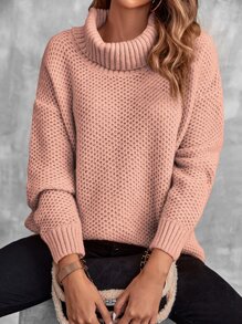 SHEIN LUNE Turtleneck Drop Shoulder Pointelle Knit Jumper - Pink - View 7