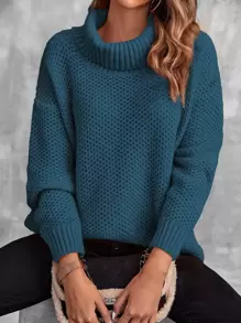 EMERY ROSE Turtleneck Drop Shoulder Pointelle Knit Jumper - Teal Blue - View 6