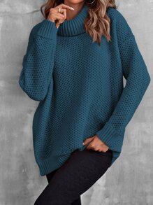 EMERY ROSE Turtleneck Drop Shoulder Pointelle Knit Jumper - Teal Blue - View 7