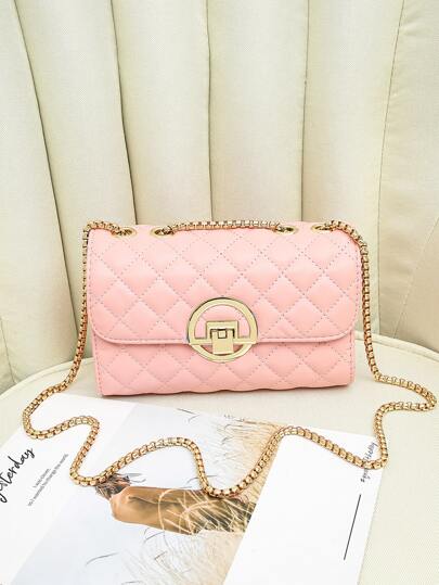 金屬鎖幾何格紋衍縫翻蓋鏈條方包